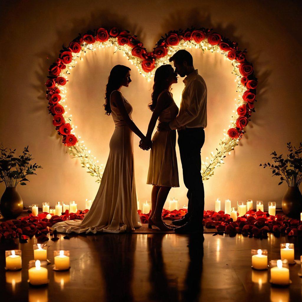 A serene and intimate setting featuring a couple holding hands under soft candlelight, surrounded by symbols of love and connection like heart shapes and roses. The atmosphere should evoke tranquility and passion, with subtle hints of wellness elements like aromatherapy and soft textures. Use warm colors to convey a sense of desire and intimacy while ensuring a tasteful, respectful representation. Elegant, soft-focus style. vibrant colors. romantic atmosphere.
