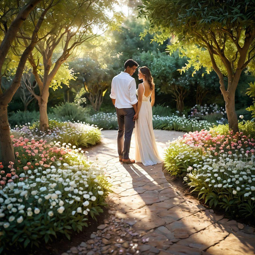 A serene scene depicting two diverse couples exchanging tender glances, surrounded by soft petals and gentle lighting, symbolizing intimacy and connection. In the background, a winding path meanders through a lush garden, representing the journey of sexual wellness and romance. The atmosphere should be warm and inviting, with a focus on emotional depth and understanding. pastel colors. soft lighting. romantic style.