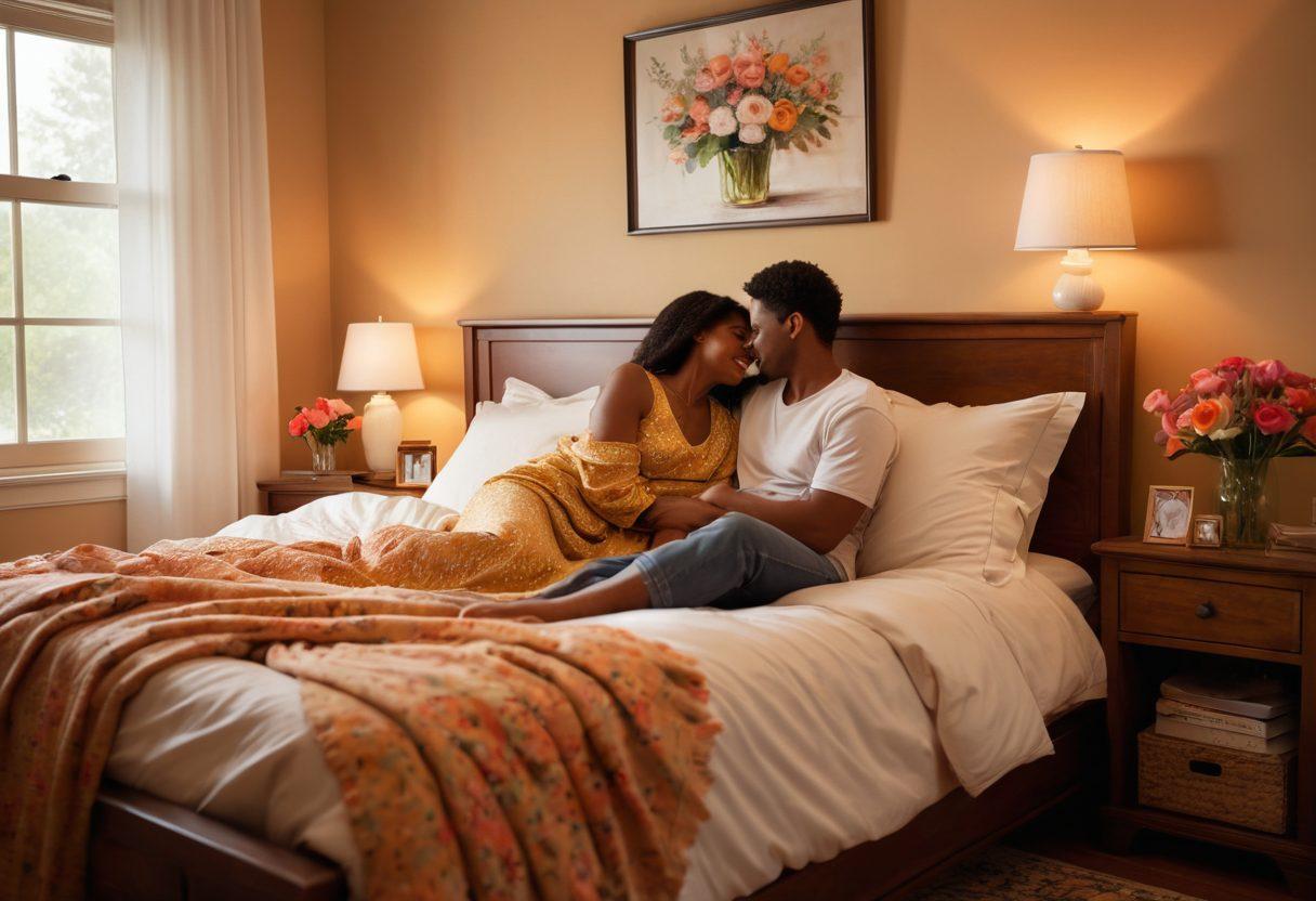 A cozy, warm bedroom setting with soft lighting, where a couple is sharing a heartfelt moment, gazing into each other's eyes with genuine smiles. Surround them with delicate flowers and personal mementos that symbolize their connection, enhancing the atmosphere of emotional intimacy. The focus is on their expressions, showcasing love and tenderness. vibrant colors. super-realistic.
